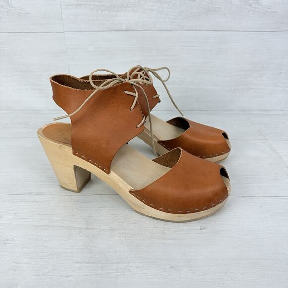 BRYR Sofie Peep Toe Leather Clogs Sandals Womens 10 Brown Handmade Block Heels - Picture 1 of 15